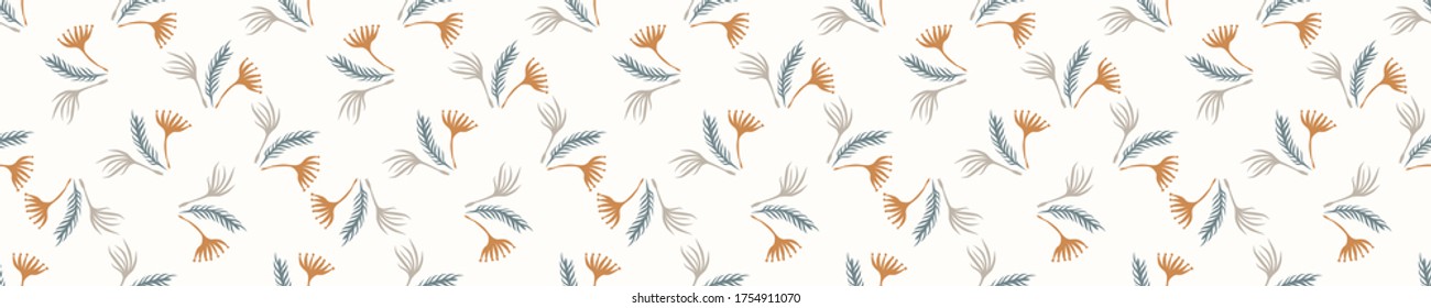 Seamless background leaf banner. Gender neutral baby pattern. Simple whimsical minimal earthy 2 tone color. Kids nursery leaves foliage border or boho fashion tribbon trim
