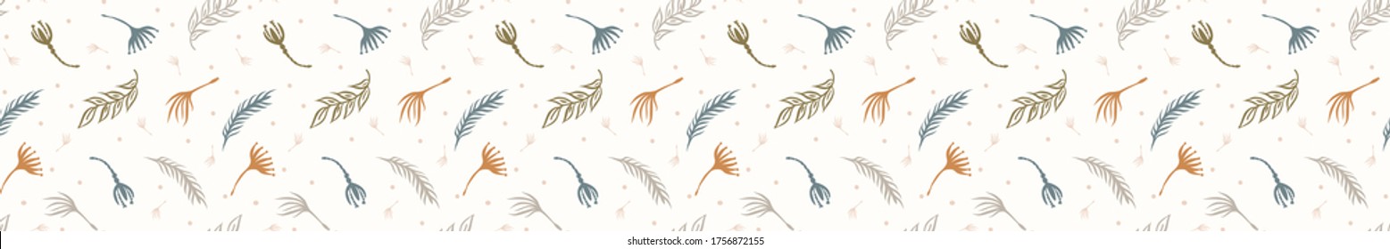 
Seamless background leaf banner. Gender neutral baby pattern. Simple whimsical minimal earthy 2 tone color. Kids nursery leaves foliage border or boho fashion tribbon trim