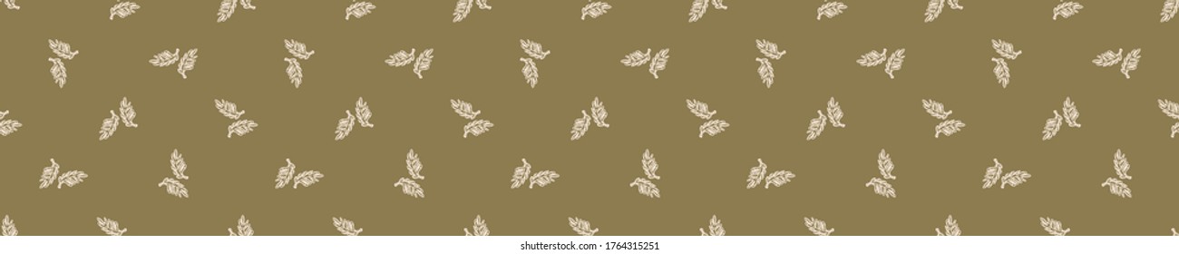 
Seamless background leaf banner. Gender neutral baby pattern. Simple whimsical minimal earthy 2 tone color. Kids nursery leaves foliage border or boho fashion tribbon trim