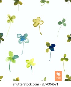 Seamless background from leaf clover. Painted with watercolors. Happy four leaves for good luck. Vector Illustration a St. Patrick's Day