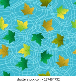 Seamless background with leaf on blue water, circles and tree reflection.