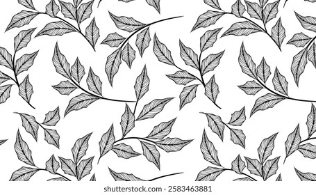 Seamless Background with leaves. Black and white vector illustration