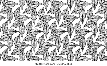 Seamless Background with leaves. Black and white vector illustration