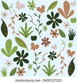 Seamless background with leaves, branches, flowers, butterflies. Abstract seamless backgrounds. Modern abstract design for paper, cover, fabric and other purposes. Vector illustrations