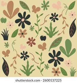 Seamless background with leaves, branches, flowers, butterflies. Abstract seamless backgrounds. Modern abstract design for paper, cover, fabric and other purposes. Vector illustrations