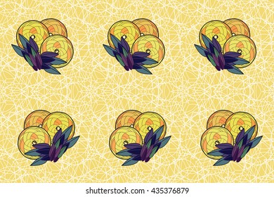 Seamless background with leaves and circles on a white background.