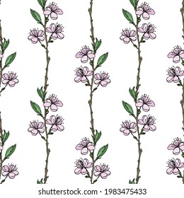 Seamless background with leaves and flowers. Cherry blossoms on a white background. For the design and decoration of fabric, paper, wallpaper, packaging.