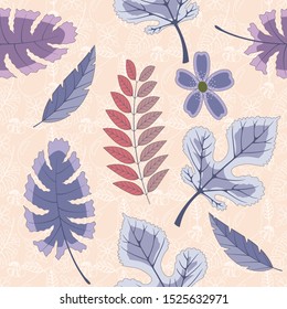 Seamless background with leaves and flowers in purple tones. For printing on Wallpaper, packaging, fabrics.