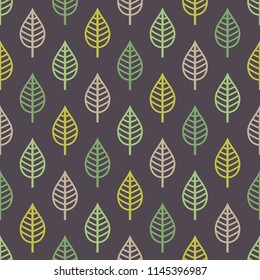 Seamless background with leaves in green, mint, beige, olive colors on dark brown backdrop