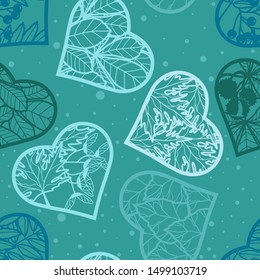 Seamless background. Leaves in the heart on a turquoise background. Vector image in contours. Silhouette of hearts with leaves.