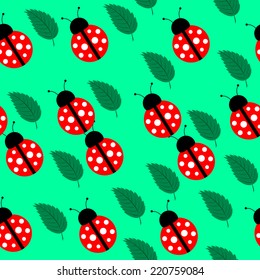 Seamless background with leaves and ladybird for your design