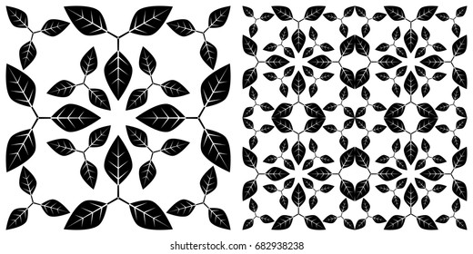 seamless background of leaves  on transparent background. Left is single pattern . Right is assembly of four patterns
