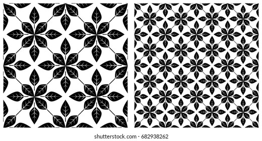 seamless background of leaves  on transparent background. Left is single pattern . Right is assembly of four patterns
