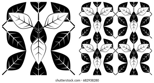 seamless background of leaves  on transparent background. Left is single pattern . Right is assembly of four patterns
