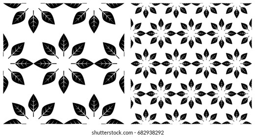 seamless background of leaves  on transparent background. Left is single pattern . Right is assembly of four patterns
