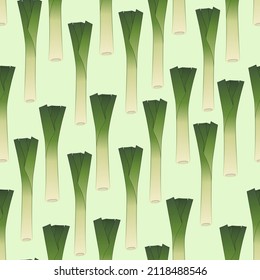 Seamless background. Leek isolated on green background. Botanical illustration. Realistic drawing of vegetables. 