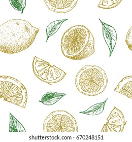 Seamless background with lemon pieces. Pattern with sketch of lemons on the white. 