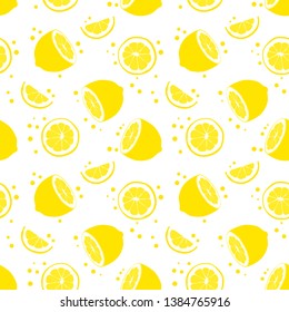 Seamless background with lemon and polkadot. Half of lemon. Slice of lemon. Isolated lemon on white background. 