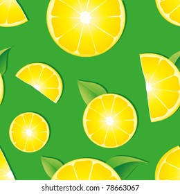 Seamless background with Lemon slices on green background, vector illustration