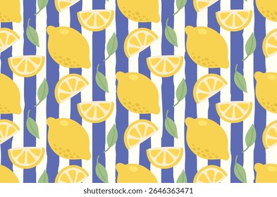 Seamless background with lemons and leaves. Colorful pattern with citrus fruits and stripes	