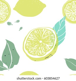 Seamless background with lemons, leaves, slices and seeds.
