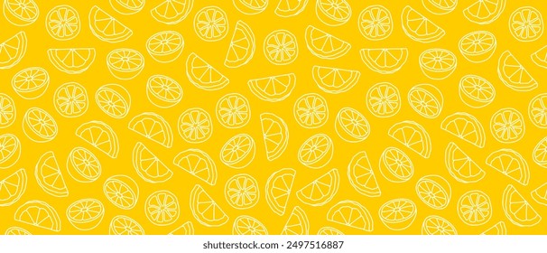 Fondo sin fisuras con limones. Limones sobre un fondo brillante. Dibujo lineal de frutas. Fondo interminable