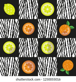 Seamless background of lemons and oranges. Individual fruits in the form of slices and whole fruits. The background is made of black and striped squares.