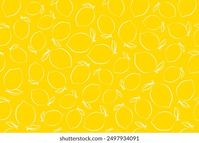 Fondo sin fisuras con limones. Esquema de dibujos de limones sobre fondo amarillo. Dibujo de líneas. Fondo interminable