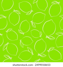 Seamless background with lemons. Outline drawings of lemons with leaves. Line drawing. Endless background. Citrus fruit pattern, textile, art, lemons