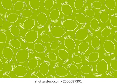 Seamless background with lemons. Outline drawings of lemons with leaves. Line drawing. Endless background. Citrus fruit pattern, textile, art, lemons