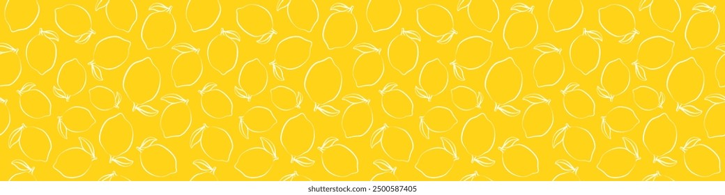 Seamless background with lemons. Outline drawings of lemons with leaves. Line drawing. Endless background. Citrus fruit pattern, textile, art, lemons