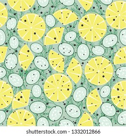 seamless background with lemons pepper, cucumber and dill. 
