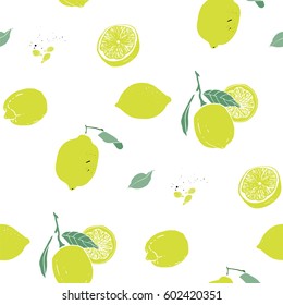 Seamless background with lemons, slices, seeds and leaves.