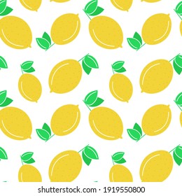 Seamless background with lemons. Vector, pattern with bright yellow citrus fruits and leaves. Fruit background for design.