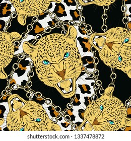 Seamless background of leopard pattern on spotted background with gold chains. Vector.