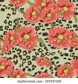 Seamless background with leopard skin and flowers