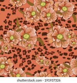 Seamless background with leopard skin and flowers