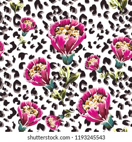 Seamless background with leopard skin and retro flowers.