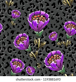 Seamless background with leopard skin and retro flowers.