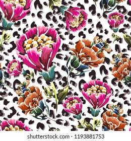 Seamless background with leopard skin and retro flowers.