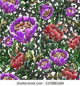 Seamless background with leopard skin, tropical leaves and flowers.