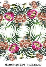 Seamless background with leopard skin, tropical leaves and flowers.