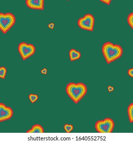 Seamless background, LGBT brush heart. Green background. Perfect for invitations, postcards, decor, kids celebrations, and more.