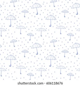 Fondo incomparable de paraguas azul claro y gotas de lluvia, arte de la línea de concepto del clima lluvioso 