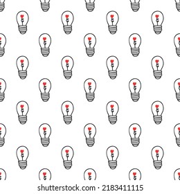 Seamless background with light bulbs with a heart on a white background. Design for Valentines Day, Wedding, Invitations