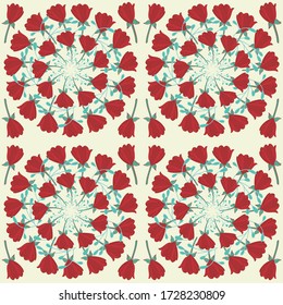 Seamless background with light flower pattern doodling, carelessly drawn, Doodle tulips stylized red and green. Vector for clothing, bed linen, banner, advertising.