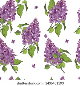 Seamless background of lilac flowers with leaves. The floral pattern is light. For fabric, Wallpaper and decor design. Set of lilac. On white background. Everything is edited.