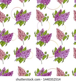Seamless background of lilac flowers with leaves. The floral pattern is light. For fabric, Wallpaper and decor design. Set of lilac. On white background. Everything is edited.