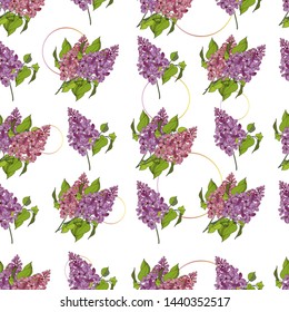 Seamless background of lilac flowers with leaves. The floral pattern is light. For fabric, Wallpaper and decor design. Set of lilac. On white background. Everything is edited.
