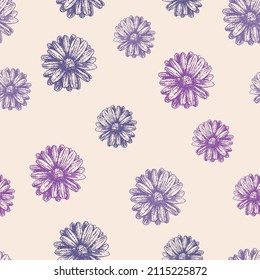 Seamless background of lilac textured daisies heads
